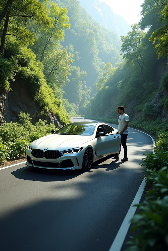 White bmw car , black road, road Both side greenary nature. Man with goggles, car both door opened 