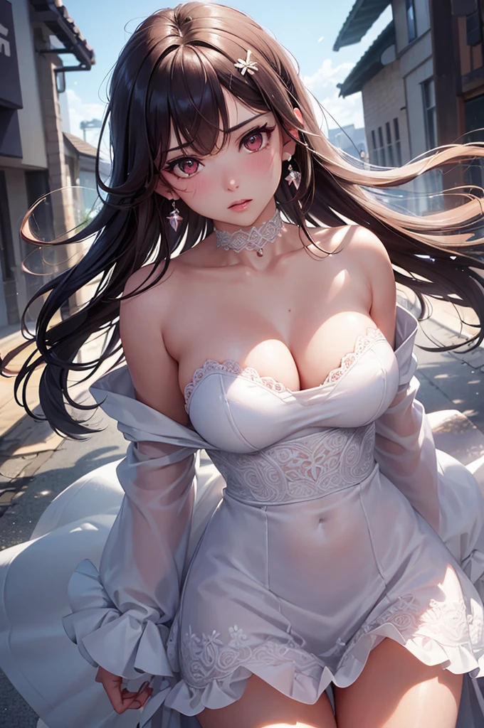 A beautiful 20 years old girl walking in a field of flowers, anime girl, wedding dress, skirt parted in front, white thigh highs, white panties, blue sky, rain of flowers, big round breasts, dark brown hair, long hair, wavy hair, long bangs, expressive hair, shiny hair, hairclip, aqua eyes, glowing eyes, pupils sparkling, blush, glossy lips, surprised, ruby earrings, detailed face, choker, windy day, good lighting, perfect body, whole body, anime CG style, high definition, natural light, high detail, anime, dithering, image fill, perspective, Wide-Angle, f/1.8, 85mm, Sony FE GM, 8k, 8k wallpaper, super detail, highly detailed CG, UHD, retina, masterpiece, accurate, anatomically correct, textured skin, highres, best quality:1.3, 16k