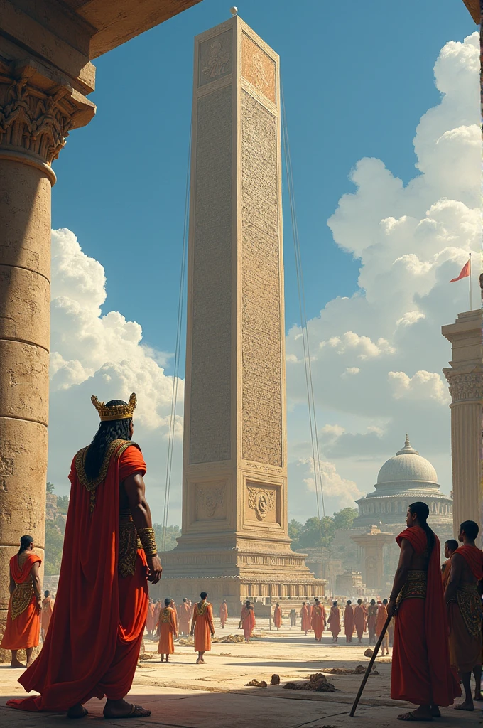 Ashoka’s Edicts and Pillars: Show King Ashoka erecting one of his famous edicts or pillars inscribed with Buddhist teachings, symbolizing his commitment to peace and Dharma.