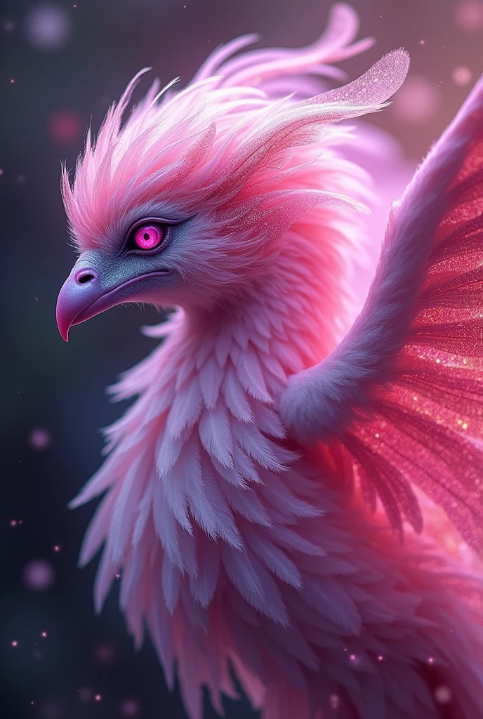 Magenta: is a magnificent and ethereal being, a creature of unparalleled beauty and magic. Imagine a colossal, celestial entity, its form both majestic and otherworldly. Magenta's body is adorned with iridescent feathers that shimmer with an array of colors—vivid purples, pinks, and golds—reflecting an almost mesmerizing light.
The creature's wings are expansive and graceful, stretching wide as they flutter softly, casting a radiant glow that seems to paint the skies with hues of enchantment. Each feather on its wings appears delicate yet resilient, like spun silk woven with threads of stardust.
Magenta's eyes are its most striking feature: large, expressive orbs that radiate a calming, deep pink light. They convey both an aura of ancient wisdom and a gentle, nurturing warmth, capable of seeing into the hearts of those who gaze upon it. The eyes are set in a face that is both serene and powerful, with a soft, almost celestial glow that illuminates its surroundings.
The creature’s presence exudes an otherworldly energy, a blend of tranquility and majesty. When Magenta moves, it seems to glide rather than fly, leaving a trail of shimmering sparkles in its wake, like stardust falling from the night sky.
Overall, Magenta is not merely a creature but a symbol of magic and wonder, embodying both the beauty of the universe and the purest forms of mystical power.