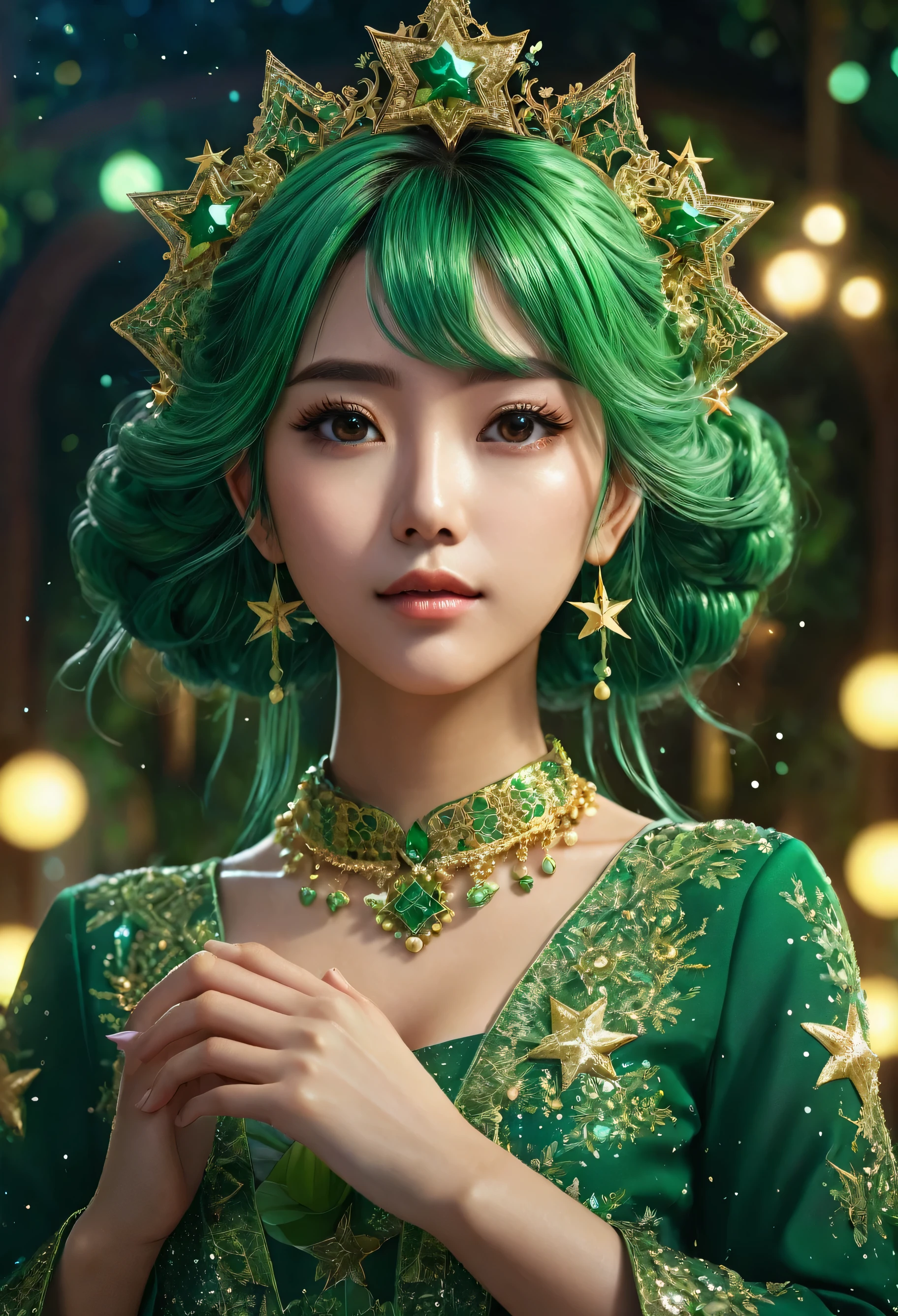 matte painting of a green haired anime girl with sparkling brown eyes with Star motif, wearing a traditional green kebaya, holding hair, her hand is wearing a sparkling green ring, detailed glitter, deep color, fantastic, intricate details, splash screen, complementary colors, fantasy concept art, 8k resolution is trending in Artstation Unreal Engine 5 " glamorous and glittering, with Realistic Glitter Sequined Portrait. 4k, very detail, whole body