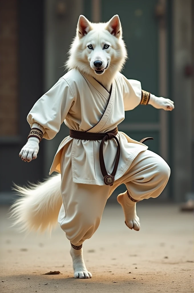 A White Shepherd dog in a martial arts outfit. Doing a martial arts kick pose.