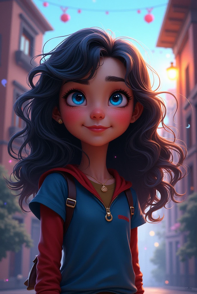 Girl with long curly hair and blue slanted eyes in the universe of Miraculous Lady Bug 