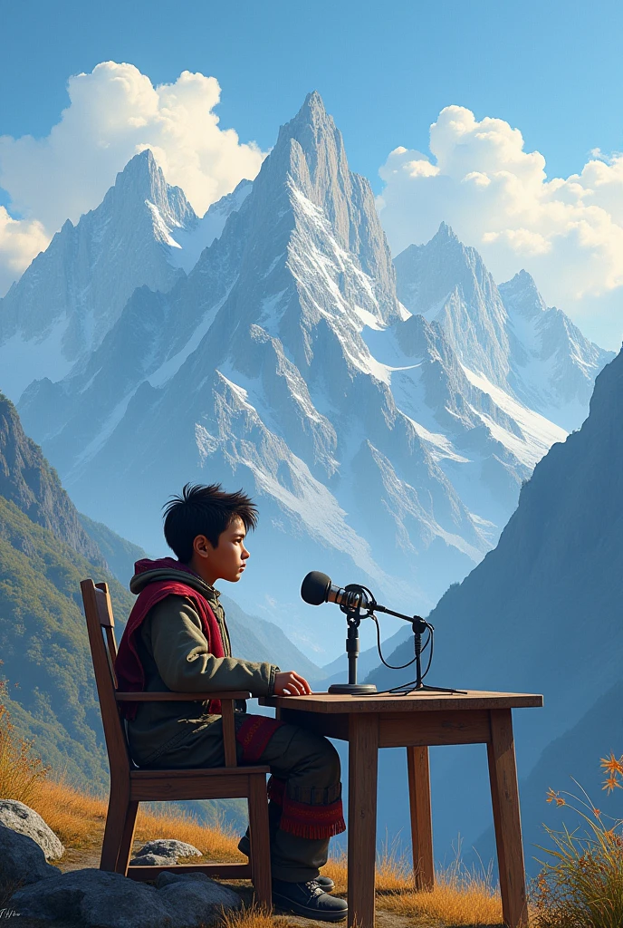 Pahadi People Podcast a boy seeting in chair and behind this seven mountain and infront of boy a table and podcast mic is there realistic image