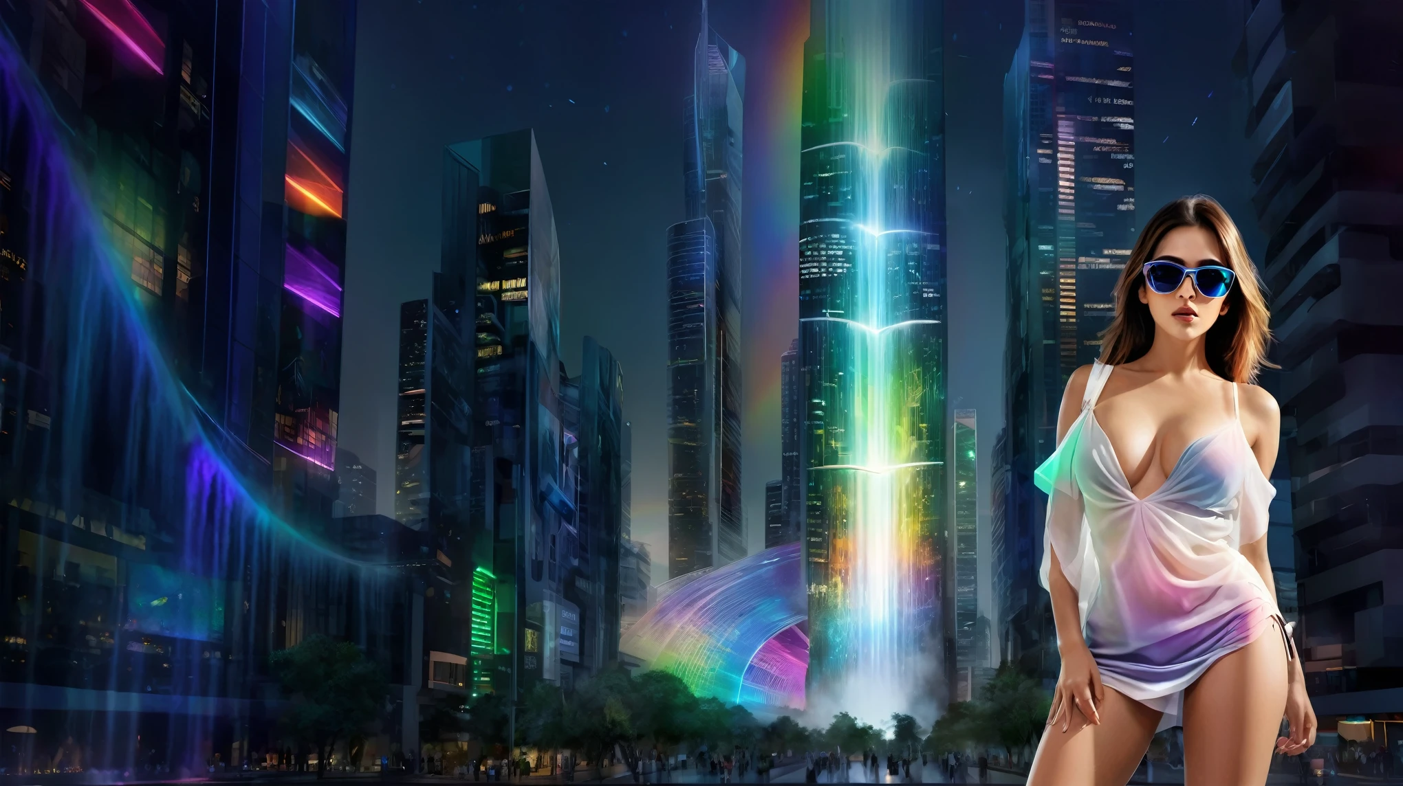 Estilo: arte conceitual. A cena: Futuristic cityscapes with colorful all-glass towering skyscrapers, sleek aerodynamic vehicles speeding through the air, rainbow colors waterfalls. High-resolution OLED GUI interfaces in the building, The windows are filled with transparent data visualization infographics that show it all, from weather patterns to traffic flow, Matrix cascading code. Colors are saturated and vibrant, com rosas e roxos quentes dominando o horizonte. Adobe Photoshop zoom blur effect background. At night, (1girl, solo), photo realistic, medium-breast:1.3 slim body, cleavage, sling top, miniskirt, (matrix style black sunglasses, holding a short gun), half-body thigh level medium shot, cinematic lighting, ray tracing.