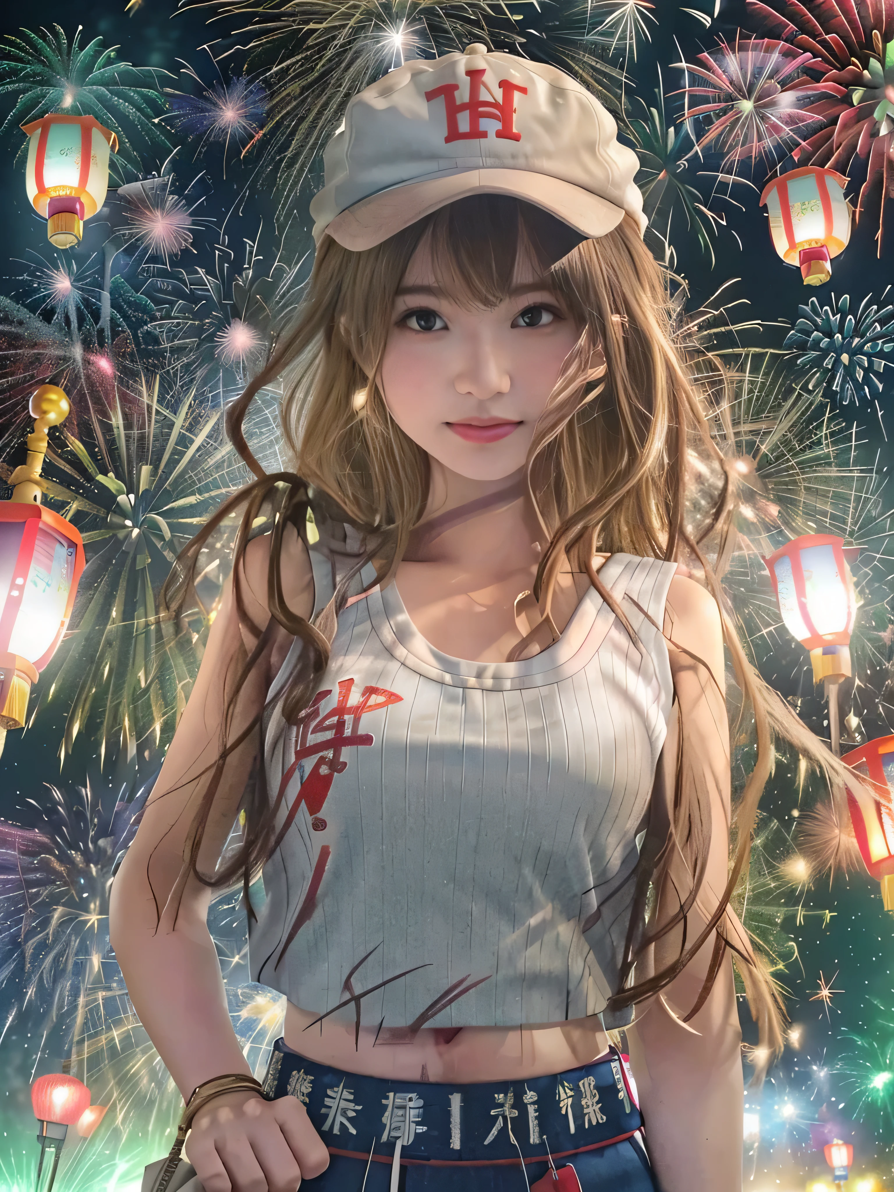 Highest quality、masterpiece、Ultra-high resolution、(Photorealistic:1.4)、(((RAW Photos:1.4)))、Exquisite photo quality、(Fireworks display:1.4)、Beautiful poop、One Girl、Japanese、17 years old、(blue eyes:1.2)、Pink lipstick、Smiling Face、(Brown Hair:1.4)、Sunburned skin、(Baseball cap:1.4)、(Cropped tank top:1.4)、(The underbust is visible:1.4)、(Low-rise shorts:1.2)、Large bust、Cleavage、Detailed portrait、8K quality、Concept Art、A dramatic, cinematic atmosphere、(Japanese Shrines:1.2)、(Japanese red and white lanterns:1.2)、Wind Chimes、(Festival Flag,)、Paper decoration、Sharp focus、Volumetric lighting、Cinema Lighting、Colorful neon lighting、Depth of written boundary、Ambient Lighting、Blurred foreground、Blurred Background:1.3、Portrait