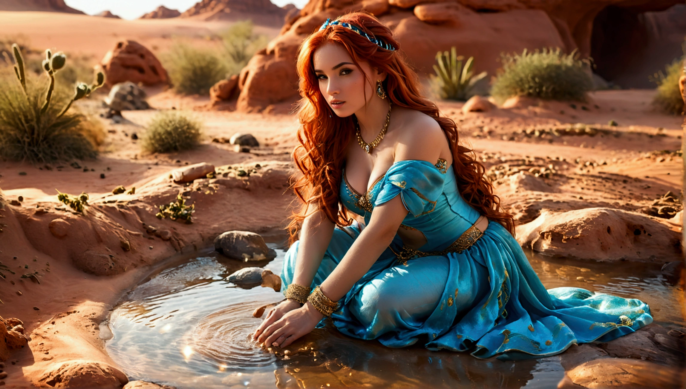(full body shot:1) photorealistic image of a (sitting pose:1) woman, ultrarealistic, photography, long red hair, woman, 24 years old, hourglass figure, perfect body, seductive look, natural medium breasts, blur background, she is a princess jasmine outfit, she is in an oasis in a desert, sitting near a small waterhole,
