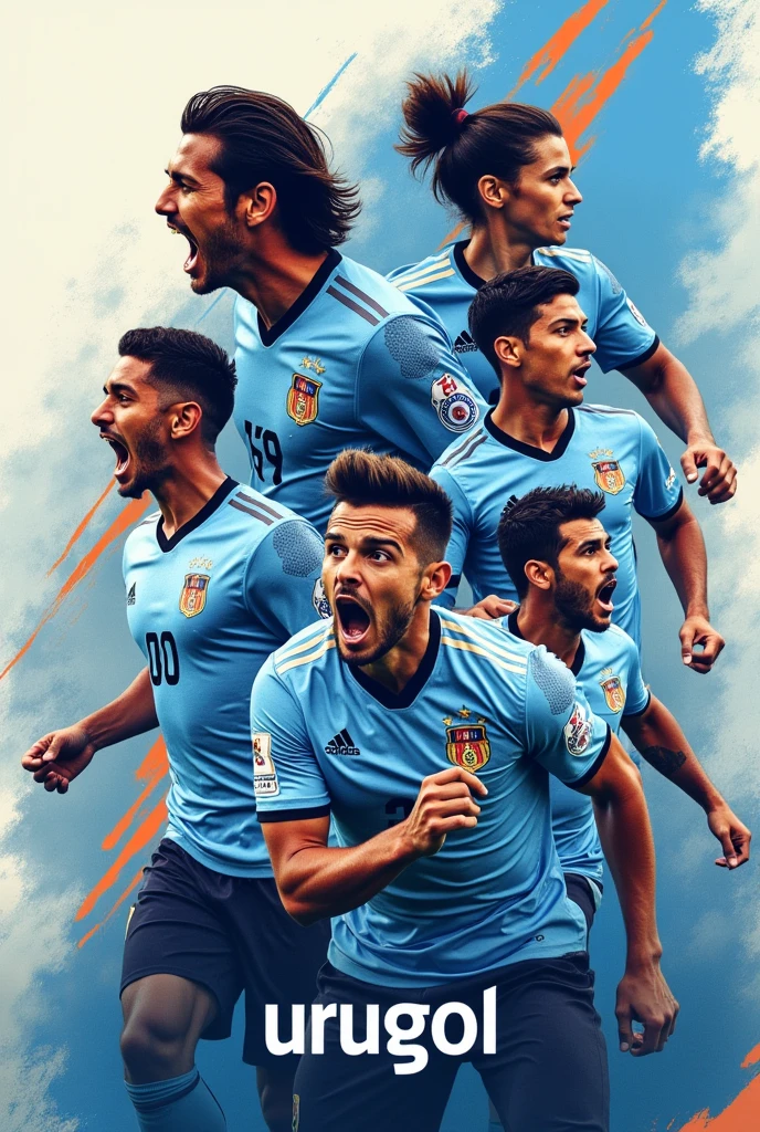 I would like an image for a YouTube channel about football, especially the Uruguayan national team., But it has a slight mention of other clubs in the world, especially in Barcelona.. The name of the channel is urugol. I would like to see historical Uruguayan players like Suarez appear, cavani, Lugano, ARAUJO, valverde, etc