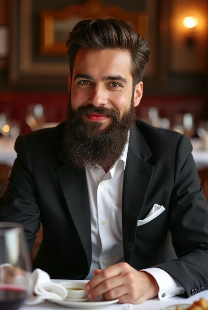 A bearded man,Sitting at a table in a fine restaurant,Bright red lipstick on lips。Across from him sat a woman,Fake beard on face,Wearing a suit。They are looking at each other sweetly,The man also used a napkin to gently wipe the food residue off the woman's "beard" from time to time.