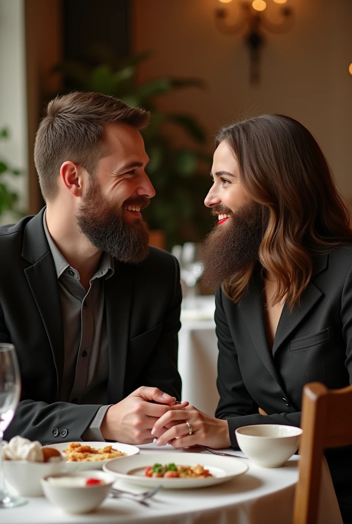 A bearded man,Sitting at a table in a fine restaurant,Bright red lipstick on lips。Across from him sat a woman,Fake beard on face,Wearing a suit。They are looking at each other sweetly,The man also used a napkin to gently wipe the food residue off the woman's "beard" from time to time.