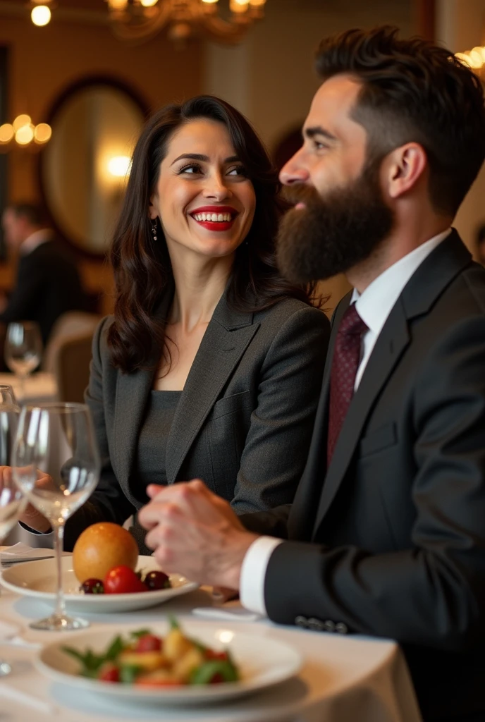 A bearded man,Sitting at a table in a fine restaurant,Bright red lipstick on lips。Across from him sat a woman,Fake beard on face,Wearing a suit。They are looking at each other sweetly,The man also used a napkin to gently wipe the food residue off the woman's "beard" from time to time.