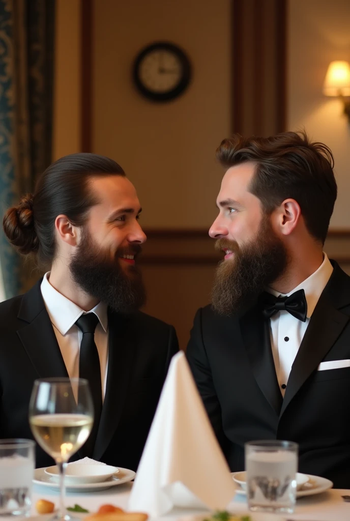 A bearded man,Sitting at a table in a fine restaurant,Bright red lipstick on lips。Across from him sat a woman,Fake beard on face,Wearing a suit。They are looking at each other sweetly,The man also used a napkin to gently wipe the food residue off the woman's "beard" from time to time.