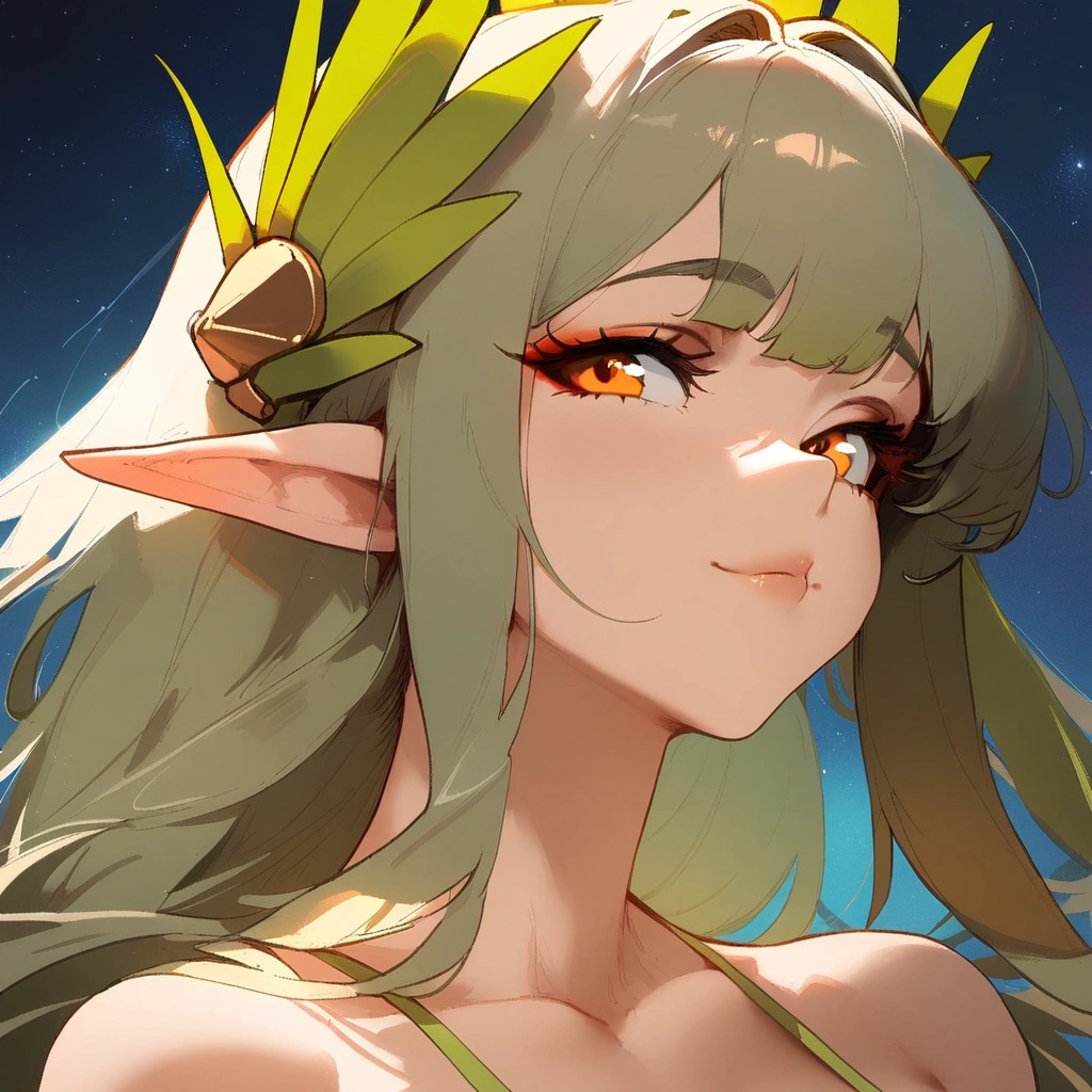 1girl, muelsyse \(arknights\), arknights \\\\\ masterpiece, best quality, very aesthetic, absurdres, newest \\\\\\ simple background, space background. lime bikini, greenery, water, orange eyes,elf ears, slim body,///// ,by nyantcha, , cutesexyrobutts,khyle ,,////// 18 years old girl,thin waist ,,solo, , stars, ^_^, portrait, ,detailed face, , bare neck.