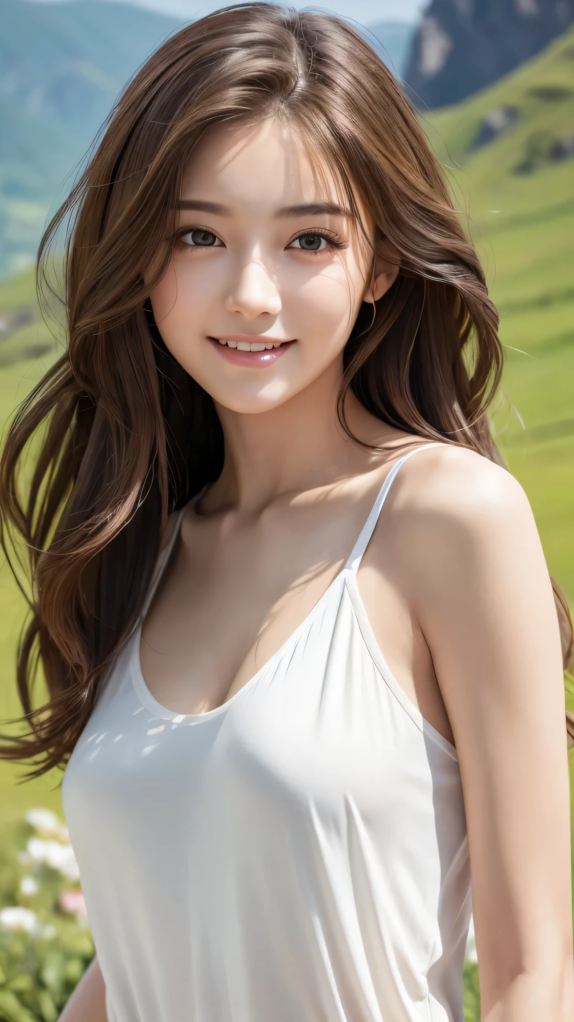 highest quality、genuine、Super detailed、finely、High resolution、8k wallpaper、one beautiful woman、、、light brown disheveled hair、wearing a white tank top、sharp focus、beautiful and detailed eyes、thin hair、Detailed genuine skin texture、smile、model body shape、In a mountain