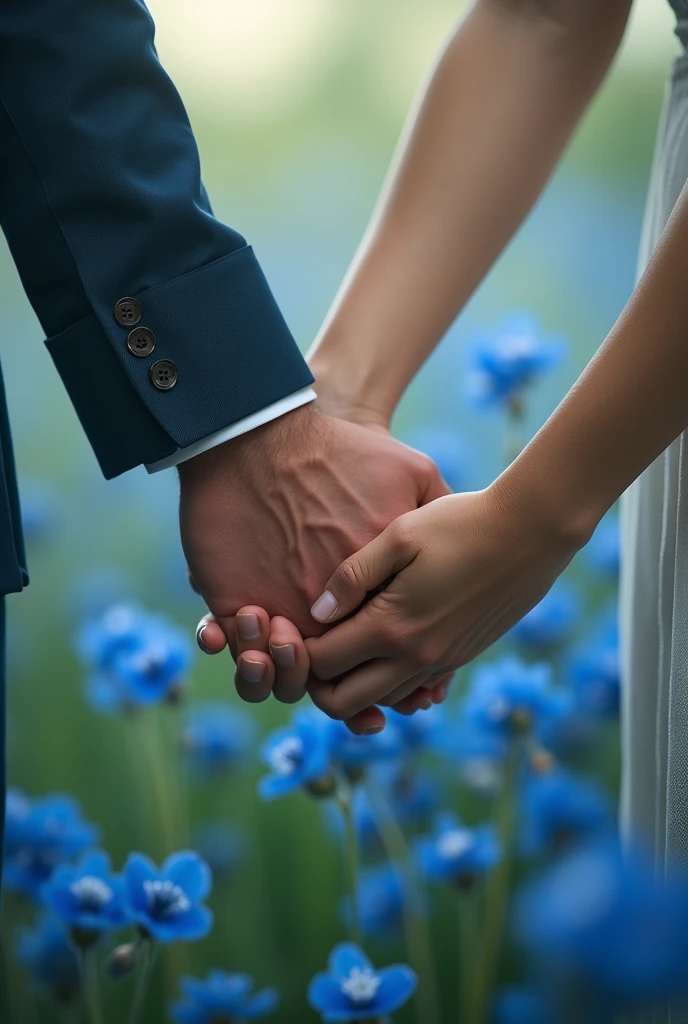Only hands intertwined with love of man and woman in a field of blue and green flowers