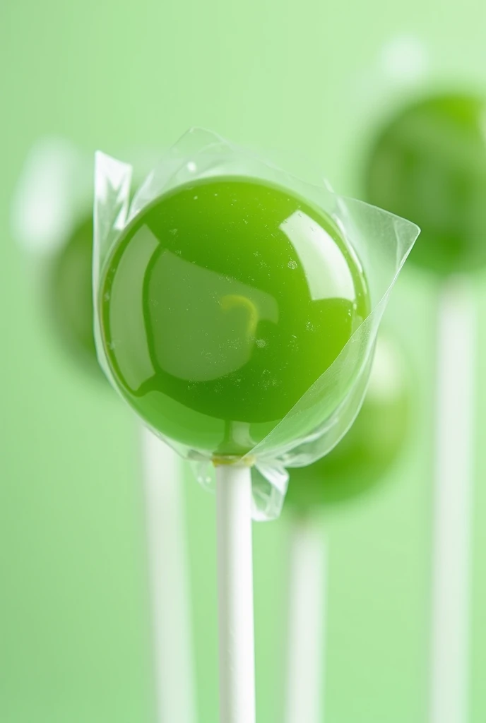 Green tea bean lollipops wrapped in white cellophane paper