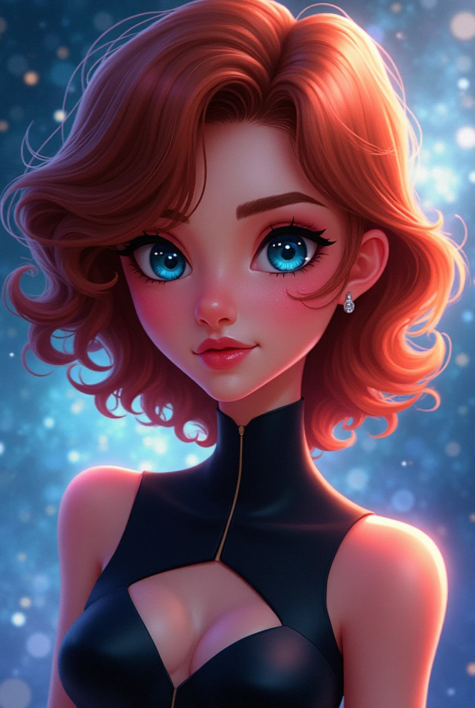 Girl with long curly hair and blue slanted eyes in the universe of Miraculous Lady Bug
