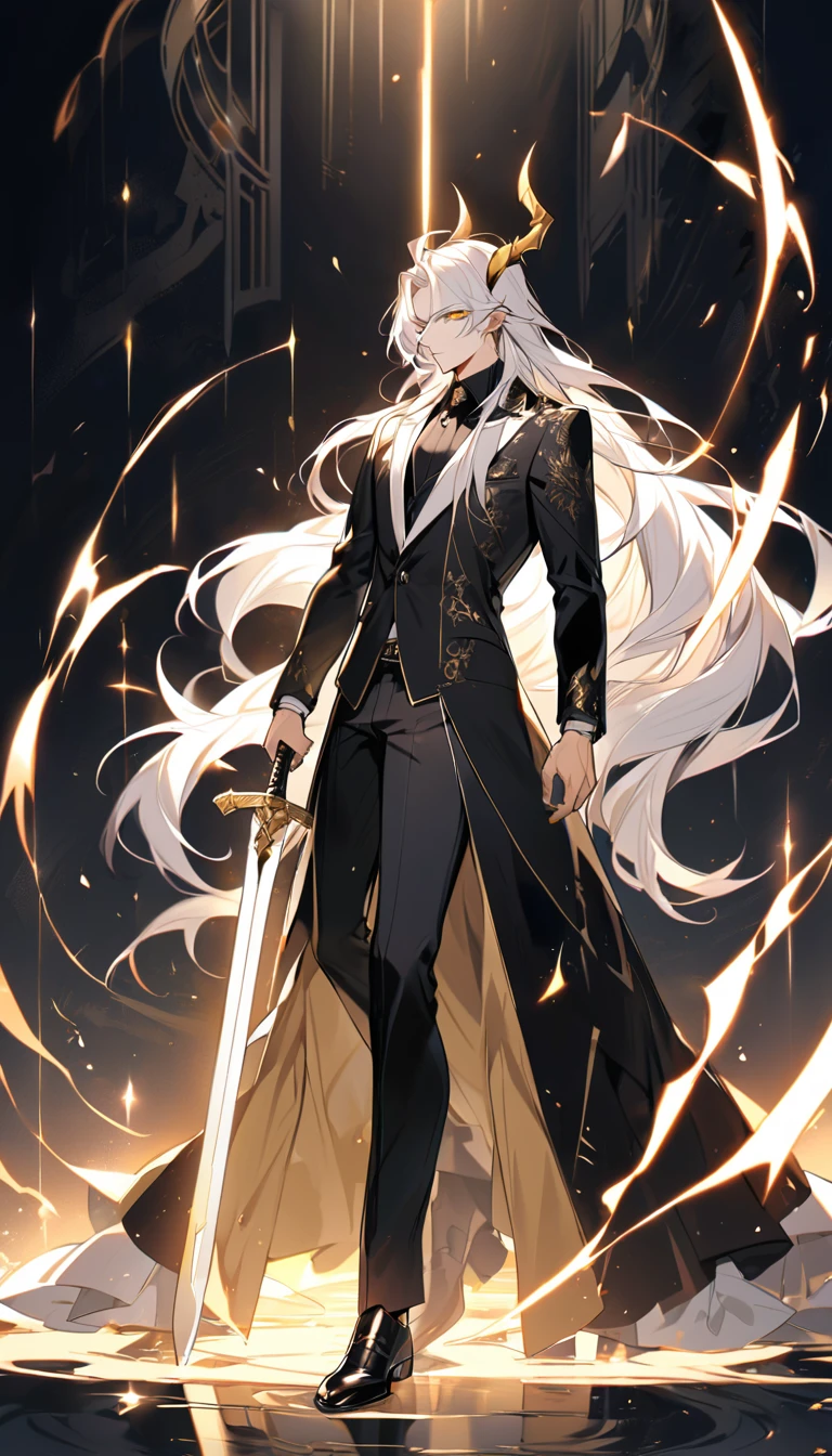 Handsome, solo, 1 male, long hair, white hair, yelow eye, wearing a black shirt, black and white suit, and black dress shoes, with two golden horns, standing while holding a sword.