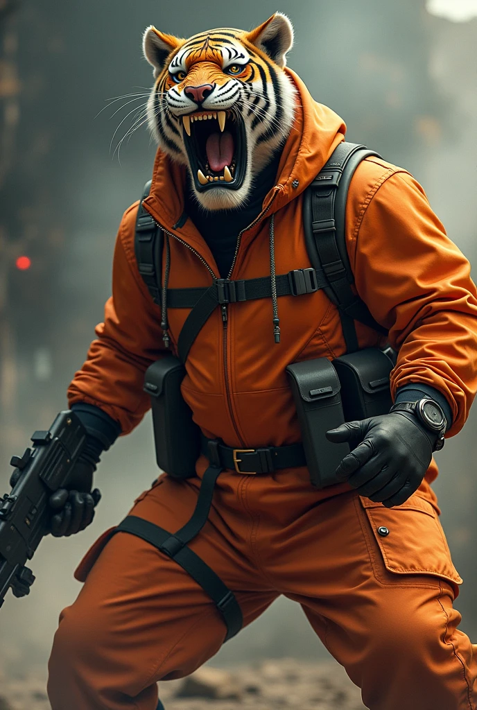 (a dark-skinned fat muscular old man in orange pilot suit) carrying a gun in right hand, (wearing realistic roaring tiger mask), dynamic action pose, fierce expression, showcasing an imposing stature, surrounded by military elements, dramatic shadows and intense highlights, cinematic color tones, high detail, powerful, art influenced by Bruce Onobrakpeya and Stanley Artgerm, ultra-detailed, best quality image, action-packed atmosphere. fighting stance.
