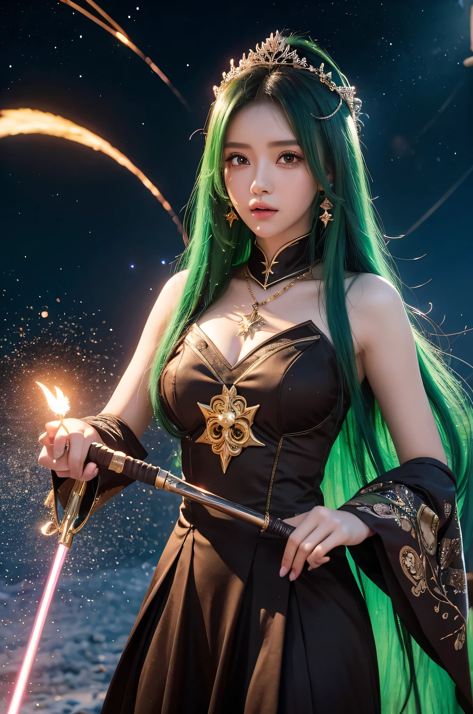 anime girl with a wand and a star in her hand, beautiful celestial mage, beautiful fantasy anime, anime style 4 k, anime fantasy artwork, anime art wallpaper 8 k, anime art wallpaper 4 k, anime art wallpaper 4k, 8k high quality detailed art, gothic maiden anime girl, anime fantasy illustration, detailed key anime art, lukisan matte seorang gadis anime berambut hijau dengan mata coklat berkilau dengan motif Bintang, memakai baju tradisional kebaya berwarna hijau, memegang anting hijau, tangannya memakai cincin berwarna hijau berkilau, glitter yang mendetail, warna yang dalam, fantastis, detail yang rumit, layar splash, warna yang saling melengkapi, seni konsep fantasi, resolusi 8k yang sedang tren di Artstation Unreal Engine 5 " glamor dan gemerlap, dengan Potret Berpayet Berkilau Realistis. 4k, sangat detail, seluruh tubuh