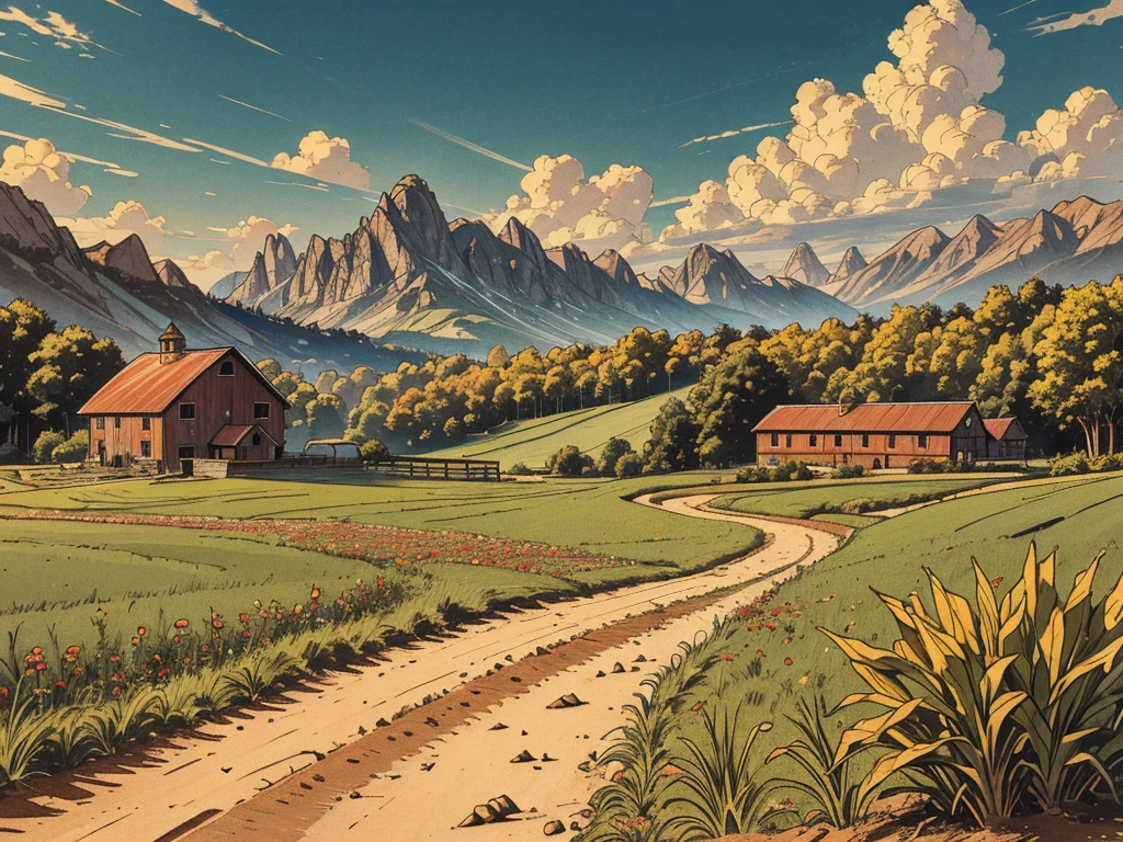 masterpiece of illustration drawing, a dirt path leads from a field of tall corn to a red-roofed farmhouse in the mountains, fresh cloudy sky.