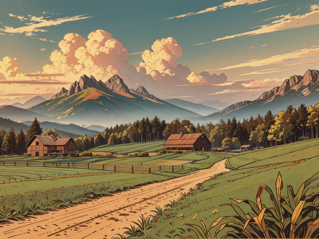 masterpiece of illustration drawing, a dirt path leads from a field of tall corn to a red-roofed farmhouse in the mountains, fresh cloudy sky.
