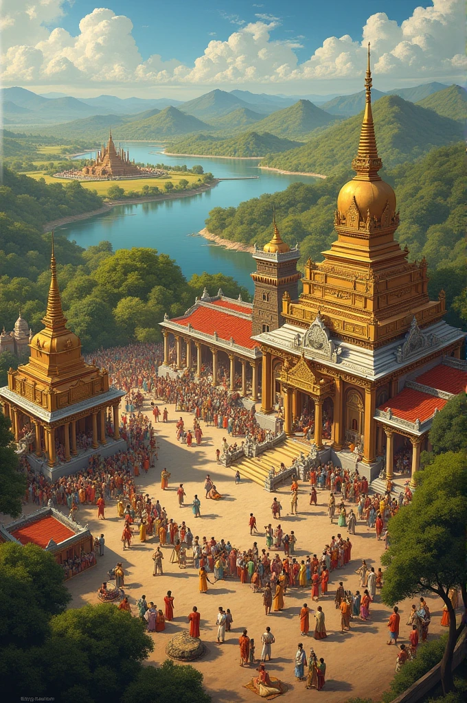 The Flourishing Mauryan Empire: Create a vibrant scene of the Mauryan Empire under Ashoka’s rule, with thriving villages, peaceful citizens, and Buddhist stupas and monasteries.