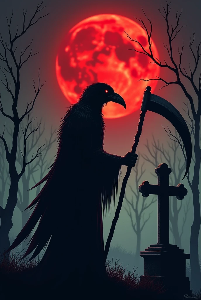 crow,grim Reaper,Red Moon,Cemetery,Dead Tree,forest,cross
