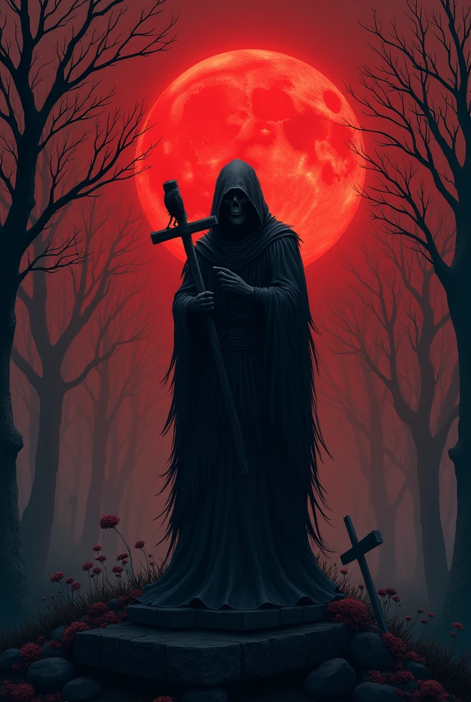 crow，grim Reaper，Red Moon，Cemetery，Dead Tree，forest，cross