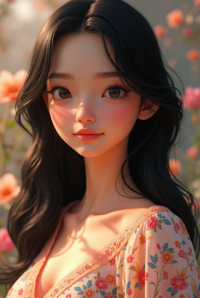 Image in Disney AI of a beautiful young woman with straight black hair, with floral blouse 