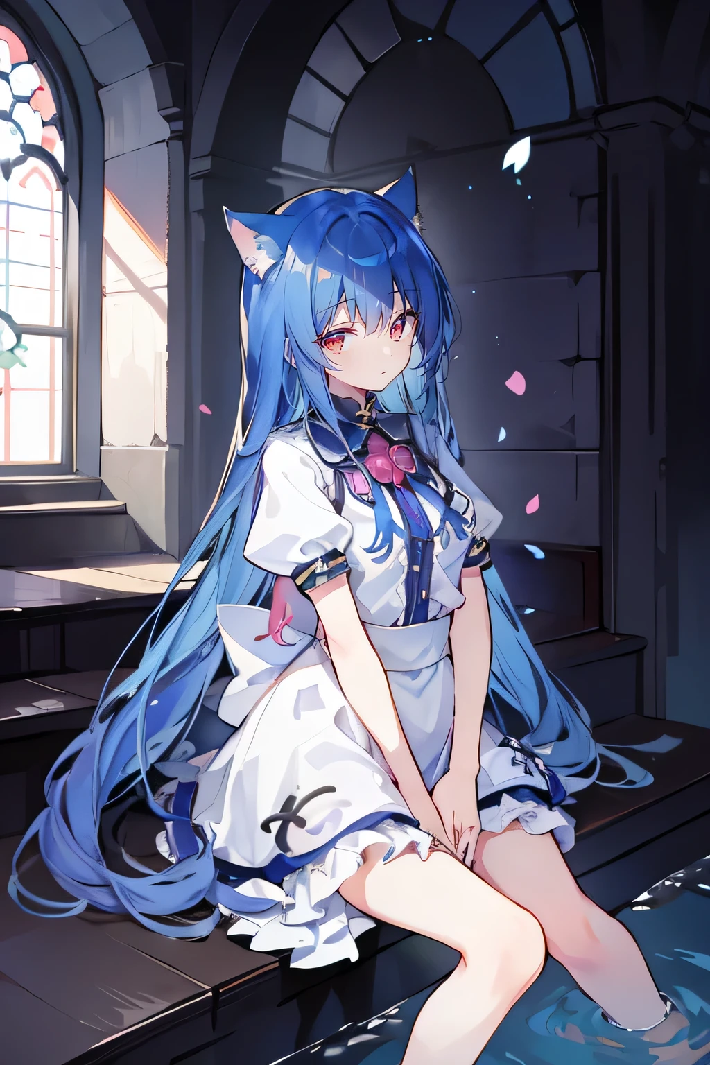 (masterpiece:1.2),Extremely detailed,Practical,expressive eyes,Fair skin,Perfect face shaping,1 Girl,
Japanese cartoons,Gorgeous blue hair, the long flowing blue hair,Floating clothes,Cat ears,Petals fall,beautiful lola,Young Angel,
Place your hands on your waist,sit elegantly on the ground,Cross your legs,Gentle and peaceful background,church,nun，Place your hand on your lips，Shy face。