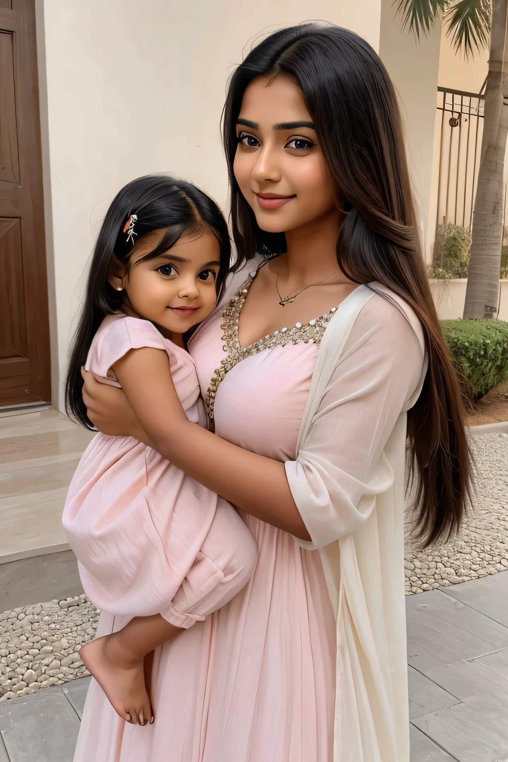 cute beautiful full hot romantic mood indian girl with smily face with small size boobs with different stylish long hair with stylish trending modern different color full stunning dress with his 2 years old boy baby with cuze straight full hot pic