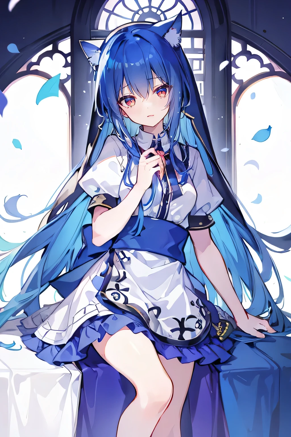 (masterpiece:1.2),Extremely detailed,Practical,expressive eyes,Fair skin,Perfect face shaping,1 Girl,
Japanese cartoons,Gorgeous blue hair, the long flowing blue hair,Floating clothes,Cat ears,Petals fall,beautiful lola,Young Angel,
Place your hands on your waist,sit elegantly on the ground,Cross your legs,Gentle and peaceful background,church,nun，Place your hand on your lips，Shy face。