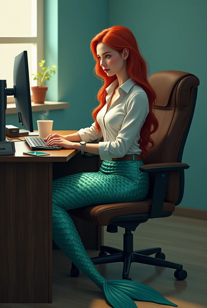 Realism，Photography，1 mermaid sitting at a desk，Wearing professional attire（Only the fish tail is exposed），Typing seriously on the keyboard。There is a cup of coffee on the table，She also picked up the coffee cup with a hand full of fish scales and took a sip
