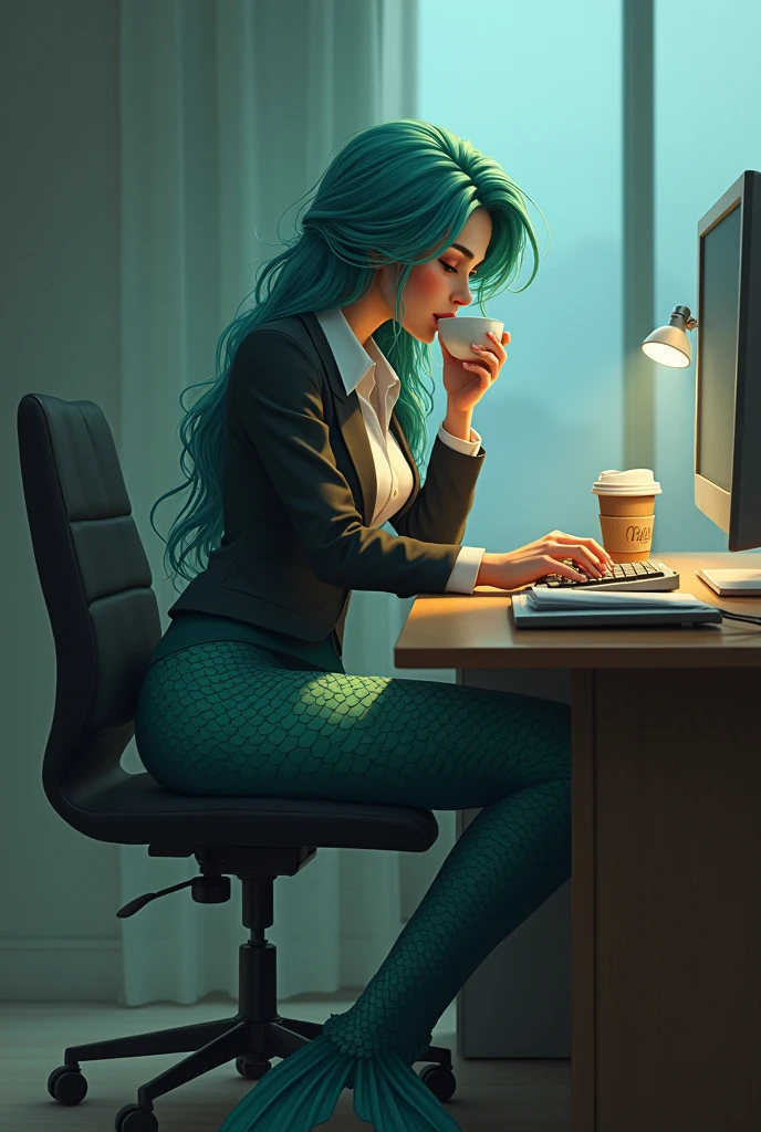 Realism,Photography,1 mermaid sitting at a desk,Wearing professional attire(Only the fish tail is exposed),Typing seriously on the keyboard。There is a cup of coffee on the table,She also picked up the coffee cup with a hand full of fish scales and took a sip