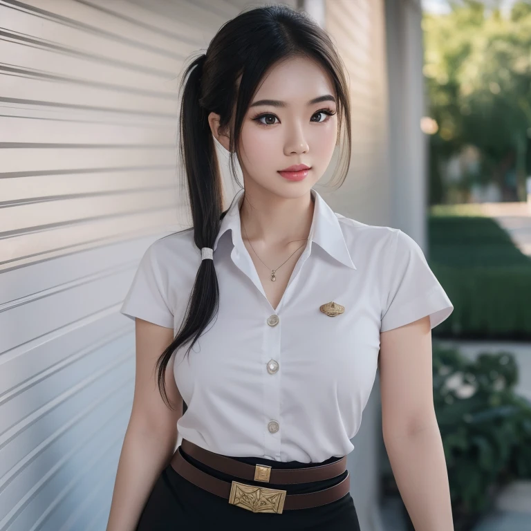 Pretty thai woman twin tails hair , (8k, best quality, masterpiece, ultra highres:1.2) Photo of Pretty thai woman beautiful, beautiful enchanting fashion contemporary painting with , (1girl), (white shirt short sleeves), ((black pencil skirt)), belt ,  blonde hair , realistic skin texture , round chin, 85 mm art lens, f 1. 2, sharp focus, 8 k high definition, insanely detailed, intricate, elegant, large breasts, big breasts , black skirt 