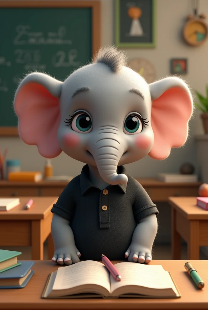 Cute little elephant with black polo shirt in class