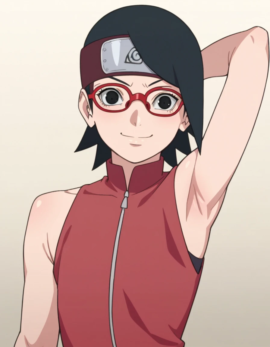 source_anime, sarada uchiha, short hair, black hair, black eyes, red-framed eyewear, glasses, swept bangs, looking at viewer, eye contact with viewer, smile, (smug:0.8), closed mouth, light blush, bare shoulders, bare arms, bedroom background, arm up, raised arm, arm behind head, armpit, flat chest. BREAK 1boy, penis, poke, faceless male, white skin, bigger male, 