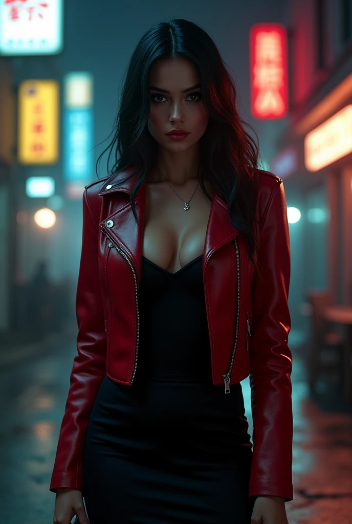 La Fresa (La Cómplice): "Create a woman in her late 20s with a sly and cunning expression. She has long, straight dark hair and sharp eyes that reflect her manipulative nature. Her outfit is both stylish and practical, wearing a red leather jacket over a sleek black dress, symbolizing her seductive yet lethal persona. She might be holding a smartphone or a small weapon, indicating her role in espionage and trickery. The background is an urban street at night, with neon lights and shadows, adding a sense of danger and intrigue."