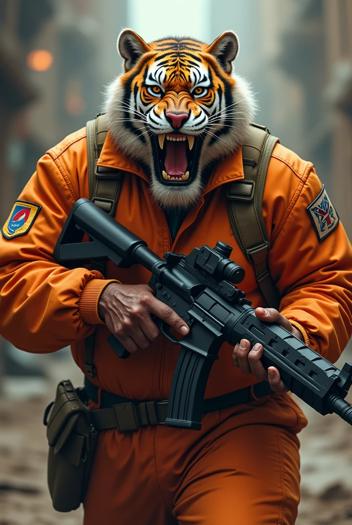(a dark-skinned fat muscular old man in orange pilot suit) carrying a gun in right hand, (wearing realistic roaring tiger mask), dynamic action pose, fierce expression, showcasing an imposing stature, surrounded by military elements, dramatic shadows and intense highlights, cinematic color tones, high detail, powerful, art influenced by Bruce Onobrakpeya and Stanley Artgerm, ultra-detailed, best quality image, action-packed atmosphere. fighting stance.