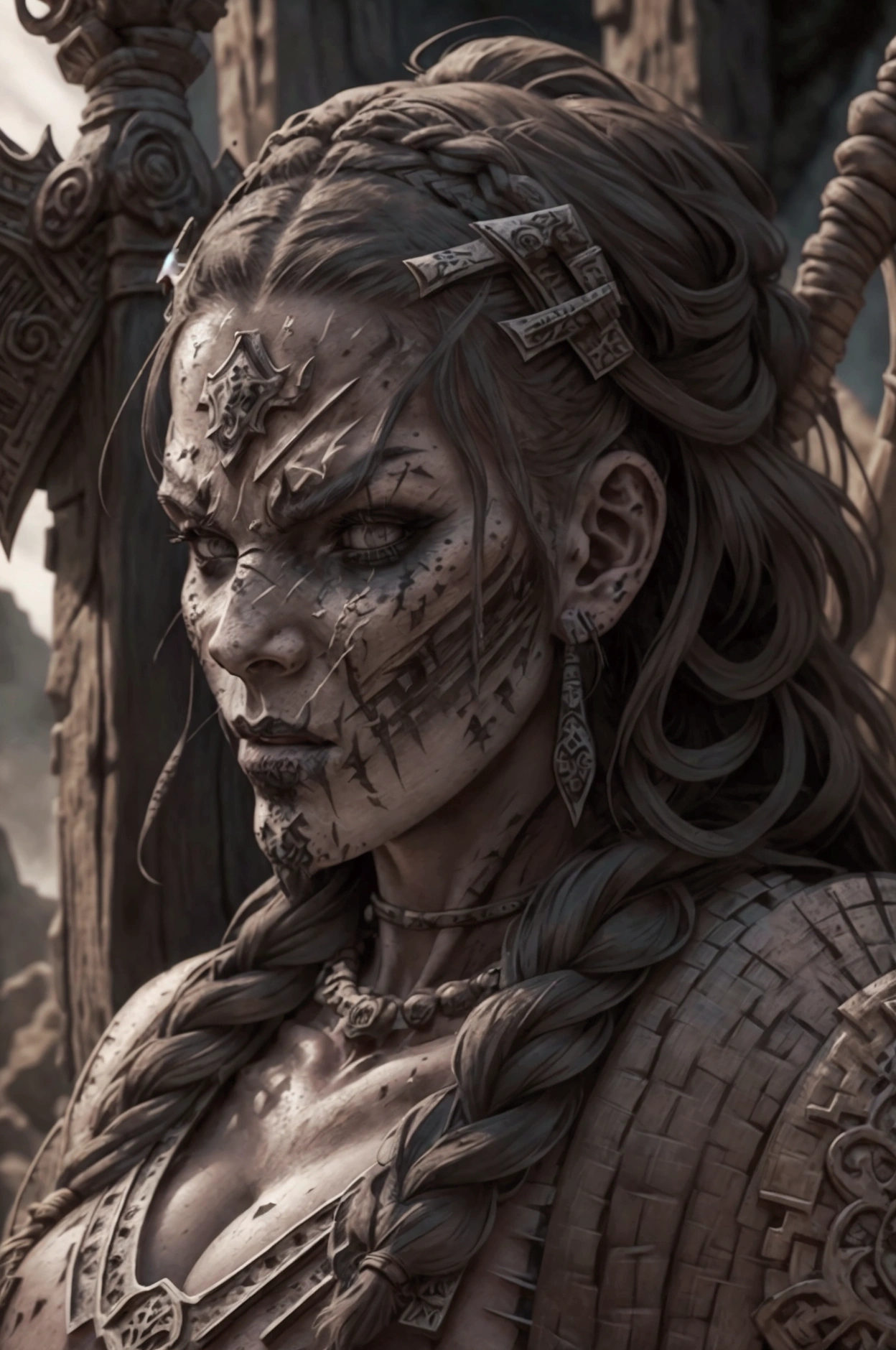 a fierce viking warrior woman, intricate braided hairstyle, detailed facial tattoos, dramatic war paint, battle-ready combat pose, sexy outfit, bloodied battle axe, highly detailed, cinematic lighting, dramatic shadows, moody color palette, digital art, hyper realistic
