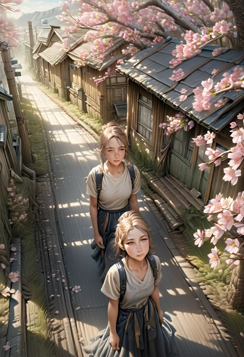 ((masterpiece, Highest quality, Best image quality, High resolution, Realistic, RAW Photos, 8k)), Spring Morning, In a rural town in Japan, Students walk along the cherry blossom-lined street to the station, (View from above:1.3),