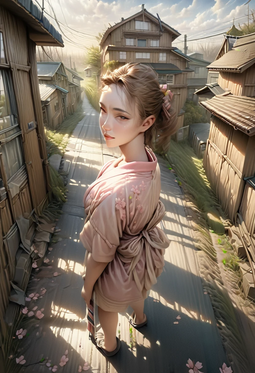 ((masterpiece, Highest quality, Best image quality, High resolution, Realistic, RAW Photos, 8k)), Spring Morning, In a rural town in Japan, Students walk along the cherry blossom-lined street to the station, (View from above:1.3),