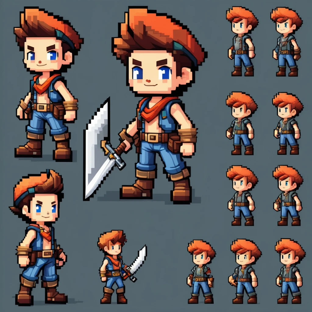 Pixel art,pixel art,Create an original character design sheet,main character of the game,boy,juvenile,adventurer&#39;s outfit,natural perm,feathered hat,musical instrument,bard,Note,sing,play,((3 views,whole body, background,multiple views,High resolution)),multiple views,multiple poses,Active,action pose,dynamic,nice,cute,masterpiece,highest quality,In detail,Gracefully,RPG,Famicom,Multiple characters,multiple outfits,Final Fantasy,boldly,effect icon,