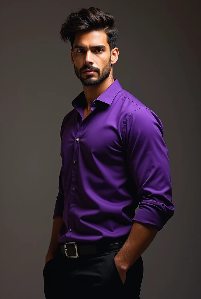 A man, sharpen feature, strong built, have average height 5'8". Triangular face with coppery intense eyes and bronze fair skin(llike shahid kapoor), have densely joined eyebrows, hair cutting like shahid kapoor, age -16,not have so beard,hair cutting like farzi shahid kapoor, royal purple shirt with black pant