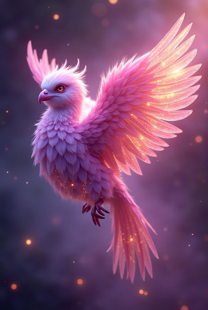 Magenta: is a magnificent and ethereal being, a creature of unparalleled beauty and magic. Imagine a colossal, celestial entity, its form both majestic and otherworldly. Magenta's body is adorned with iridescent feathers that shimmer with an array of colors—vivid purples, pinks, and golds—reflecting an almost mesmerizing light.

The creature's wings are expansive and graceful, stretching wide as they flutter softly, casting a radiant glow that seems to paint the skies with hues of enchantment. Each feather on its wings appears delicate yet resilient, like spun silk woven with threads of stardust.

Magenta's eyes are its most striking feature: large, expressive orbs that radiate a calming, deep pink light. They convey both an aura of ancient wisdom and a gentle, nurturing warmth, capable of seeing into the hearts of those who gaze upon it. The eyes are set in a face that is both serene and powerful, with a soft, almost celestial glow that illuminates its surroundings.

The creature’s presence exudes an otherworldly energy, a blend of tranquility and majesty. When Magenta moves, it seems to glide rather than fly, leaving a trail of shimmering sparkles in its wake, like stardust falling from the night sky.

Overall, Magenta is not merely a creature but a symbol of magic and wonder, embodying both the beauty of the universe and the purest forms of mystical power.
