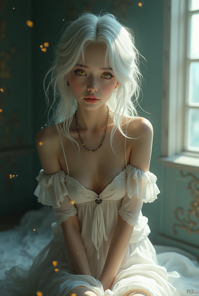 (thin waist), kmzW3 girl, looking at viewer, white hair, yellow eyes, dress, skirt, bead necklace, sitting, cleavage, Ultra-realistic 8K CG, masterpiece, ((ultra-detailed background, delicate pattern, intricate details)), best quality, intricate details, 1girl, solo, dim lighting fly sky