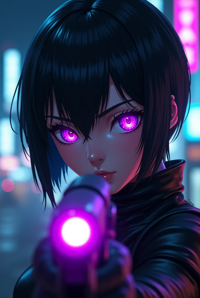 motoko from sac_2045. She is holding a gun with glowing violet and the gun is shoulder and her eyes are a vivid violet. The background is a blurry cityscape with neon lights. The woman is depicted as powerful and confident. face closeup