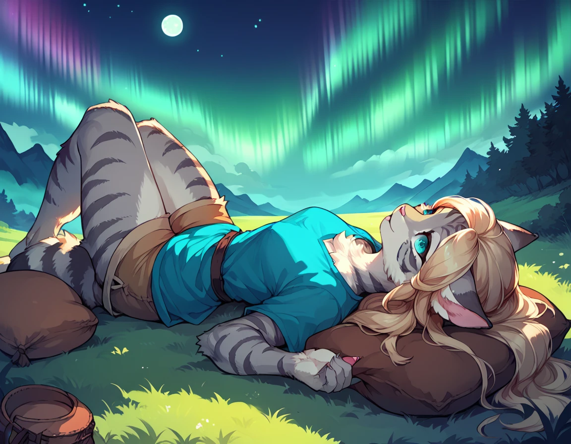 score_9,score_8_up,score_7_up, score_6_up, score_5_up, source_anime, kemono style, Kat, female Anthro furry feline, silver fur, grey stripes on body, blue eyes, long blonde hair, pink nose, :3, she is wearing blue tunic, brown short shorts, barefoot, lying on her back, at a small campsite, lying on a brown sleeping bag, resting her head on a brown pillow, on a grassy hill, scenery shot, far away shot, beautiful starry night sky, aurora borealis, full moon, looking up at the sky, relaxed expression, 