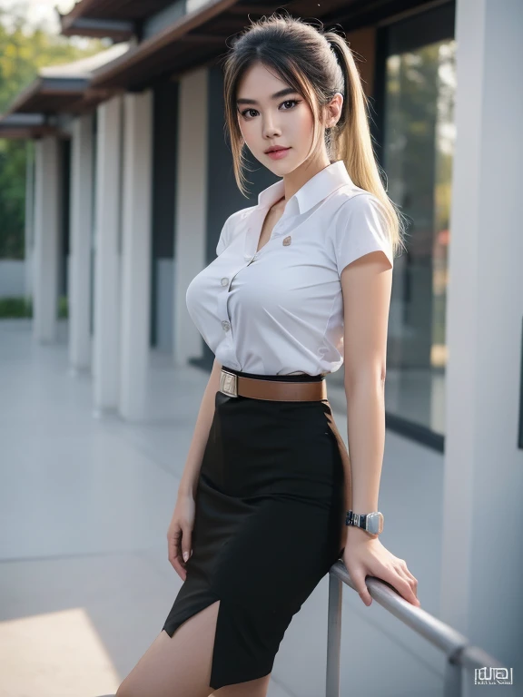 Pretty thai woman solo twin tails hair , (8k, best quality, masterpiece, ultra highres:1.2) Photo of Pretty thai woman beautiful, beautiful enchanting fashion contemporary painting with , (1girl), (white shirt short sleeves), ((black pencil skirt)), belt ,  blonde hair , realistic skin texture , round chin, 85 mm art lens, f 1. 2, sharp focus, 8 k high definition, insanely detailed, intricate, elegant, large breasts, big breasts , black skirt 